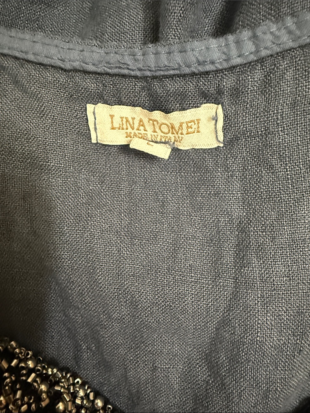 Lina Tomei Beaded Neckline Linen Top Blue Size L